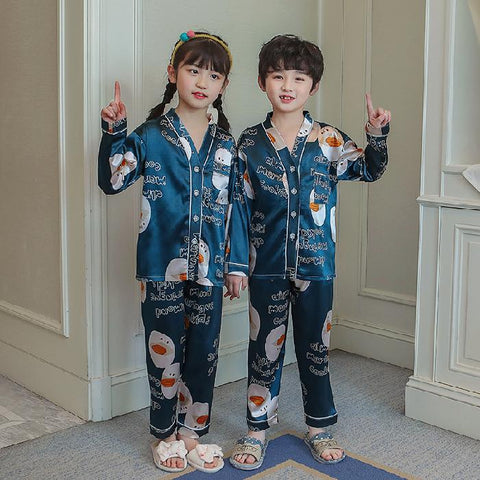 V -neck Kids Pyjamas Set Silk Satin Tops Pant Spring Autumn Childrens-TB01049-Veeddydropshipping