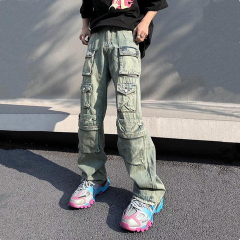 Pockets Retro Washed Men Baggy Jeans Pants Straight-MF00662-Veeddydropshipping