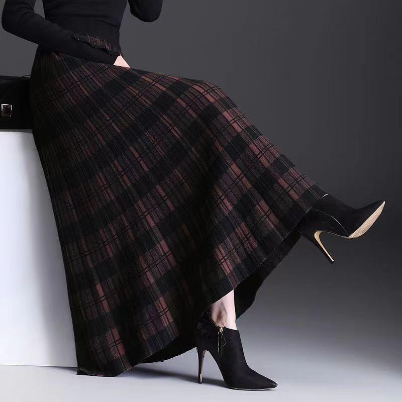 Long Skirts for Women Fashion Knitted  Plaid Skirts-WF00511-Veeddydropshipping