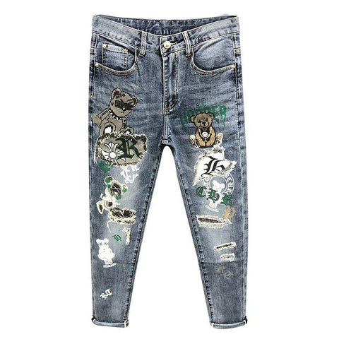 Fashion Bear Cartoon Graphical Polished Denim Cargo Kpop-MF00479-Veeddydropshipping