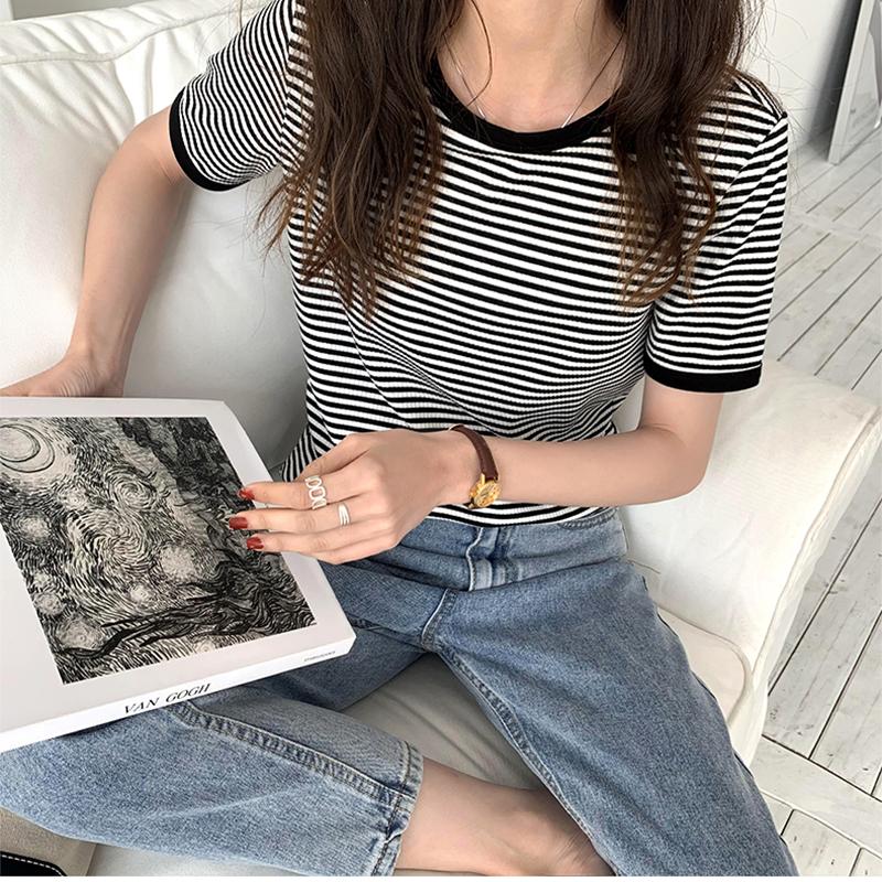Striped Vintage Short Sleeve T-Shirt Soft Tops Casual O Neck-Veeddydropshipping