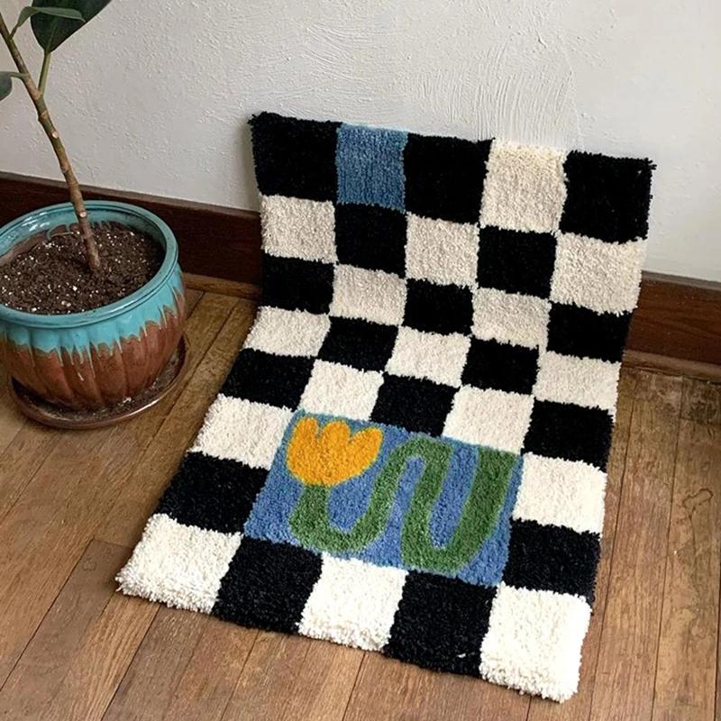Chessboard Plaid Bath Mats Fluffy Grids Soft Floral Carpet-HA00469-Veeddydropshipping