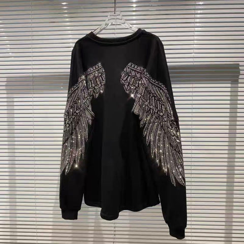 Black Hoodie Women Rhinestone Loose Crew Neck-Veeddydropshipping
