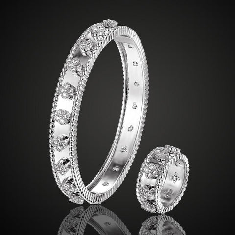 jewelry Classic  zirconia Four-leaf Flower Bracelet Ring set  -JW00361-Veeddydropshipping