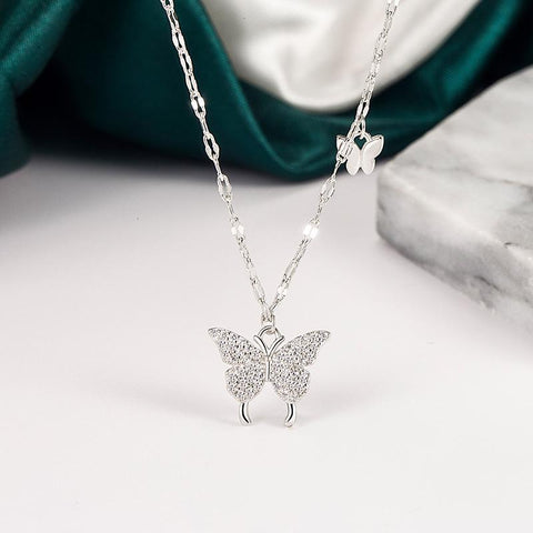 Silver Color Shiny Butterfly Tassel Necklace Women-JW01179-Veeddydropshipping