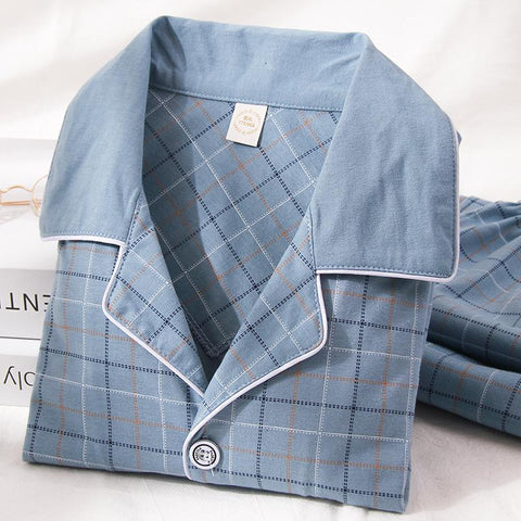 For Men 2PCS Lounge Sleepwear Men Blue Plaid Pijama Hombre Home Clothes-MF01609-Veeddydropshipping