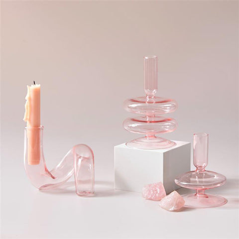 Pink Glass Candle Holder Taper Candlesticks Holder-HA01818-Veeddydropshipping