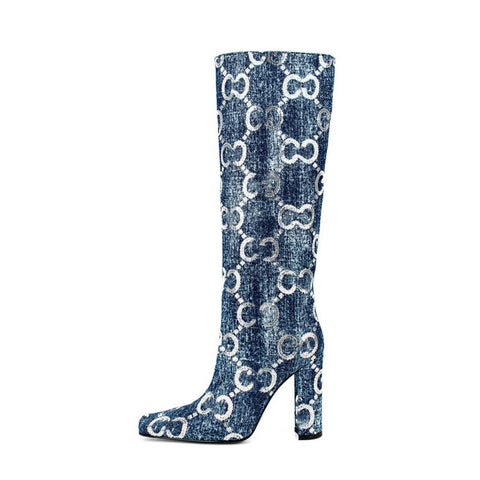 Knee Length Women&#39;s Boots Fashion Sequins Denim-BS00971-Veeddydropshipping