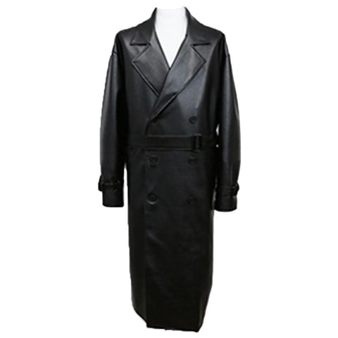 Faux Leather Trench Coat Men Drop Shoulder Belt Faux-MF01376-Veeddydropshipping