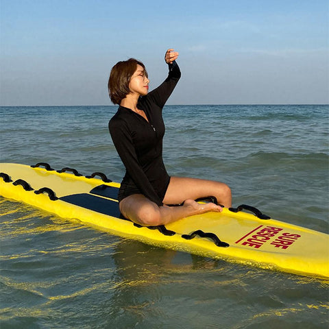Long Sleeve Rash Guard Front Zipper One Piece Swimsuit Solid Black Surf-OS00248-Veeddydropshipping