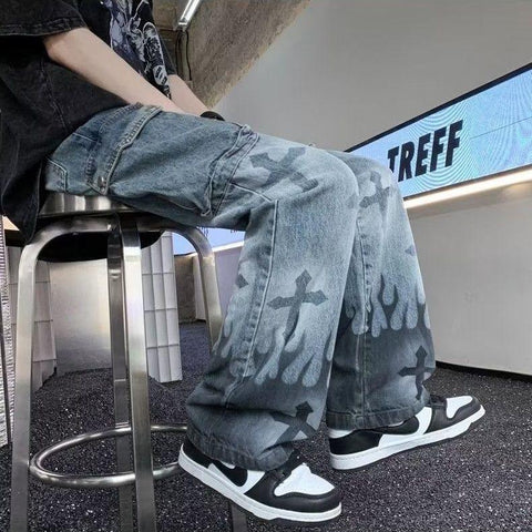 cross print washed jeans men ins trend retro loose-MF00575-Veeddydropshipping
