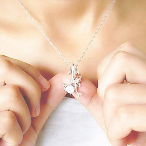 King Double Dolphin Rhinestone Pendant Necklace-JW01171-Veeddydropshipping