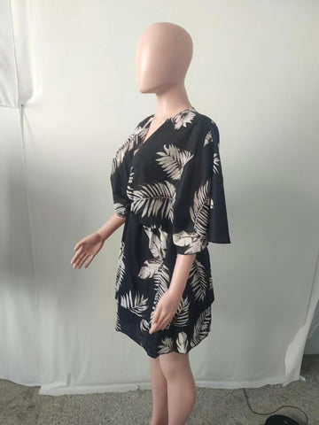 Fashion Printing Sexy V-neck Loose Bat Sleeve Dress-WF00060-Veeddydropshipping