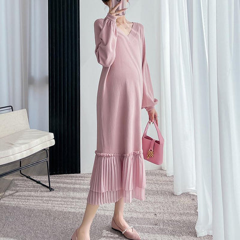 Casual Loose Maternity Dresses Chiffon Pleated Long Pregnancy Dress-TB00618-Veeddydropshipping