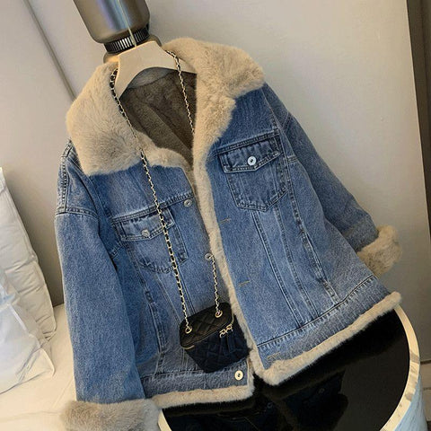 Women Lambskin Denim Coat With Fleece and Fluffy-Veeddydropshipping