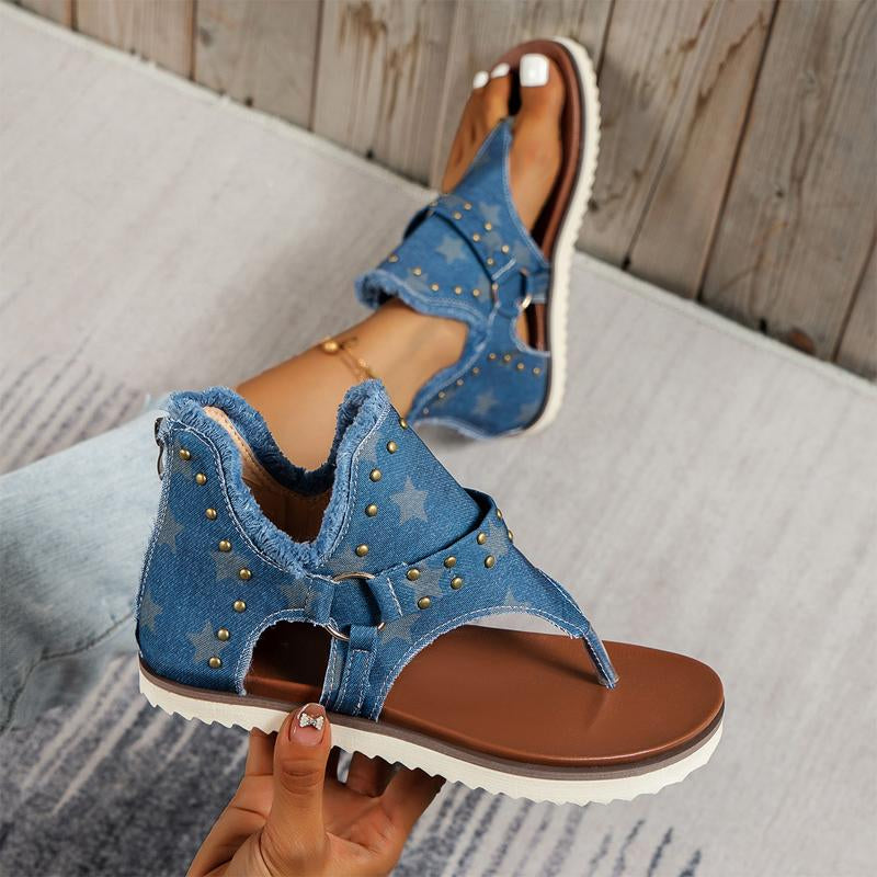 Women Chic Star Print Gladiator Sandals Ladies Punk Rivet Stud-BS00836-Veeddydropshipping