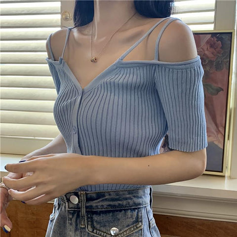 Summer Off Shoulder V Neck Kintted Woman T-shirts-Veeddydropshipping