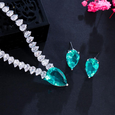 Zircons Elegant Big Light Green Water Drop CZ Crystal  Jewelry Sets -JW00324-Veeddydropshipping