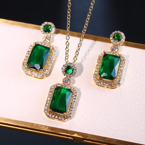 Fashion Bridal Cubic Zircon Green Stone Necklace Earrings Sets -JW00329-Veeddydropshipping