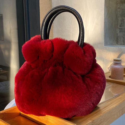 rabbit fur female bag portable fur real hair rabbit hair aslant leopard package-BS00058-Veeddydropshipping