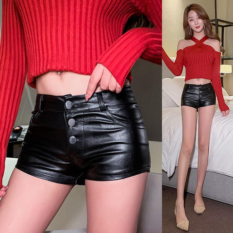 Sexy breasted PU leather shorts-WF00588-Veeddydropshipping