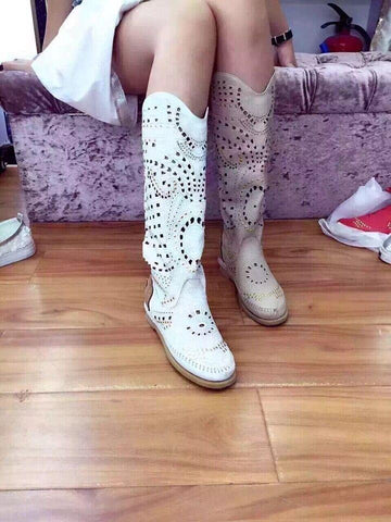 Leather Round Toe Rivet Flat Boots Knee High Spike-BS00980-Veeddydropshipping