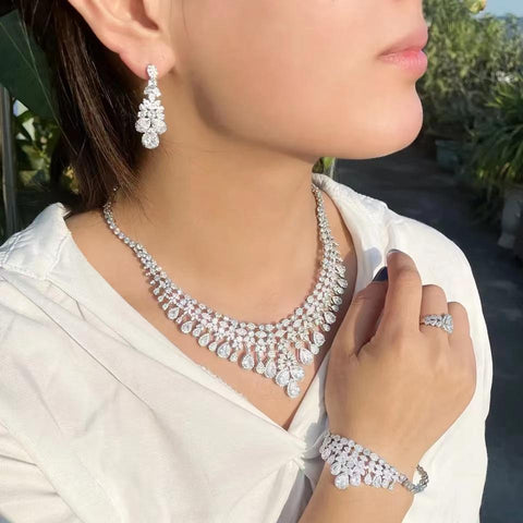 Tassel Water Drop Big Wedding Bridal Necklace Earrings 4 Pieces -JW00295-Veeddydropshipping