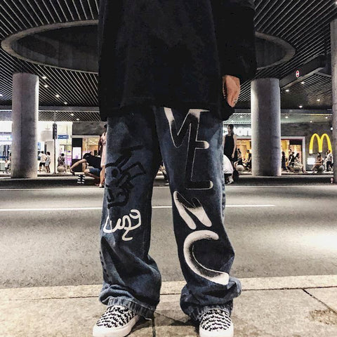 Wear Blue Yuansu Vintage Jeans Graffiti Wide Leg Wrap Straight-MF00437-Veeddydropshipping