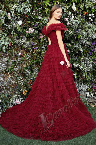 Off Shoulder Evening Dress V-neck Tiered Gelitter-WF01588-Veeddydropshipping