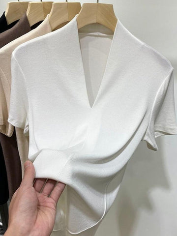 Knit Blouses and Shirts Summer Clothes for Women V Neck-Veeddydropshipping