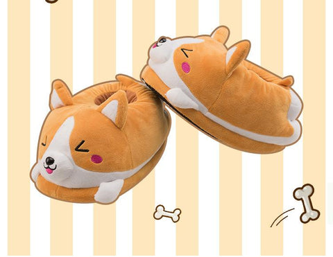 Double Shiba Inu Warm Plush Corgi Slippers Home Slip-BS01194-Veeddydropshipping