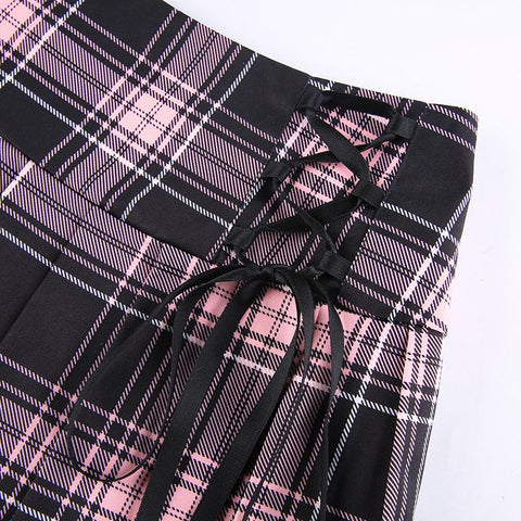 Sexy Lace-up Lace Plaid Pleated Skirt-Veeddydropshipping