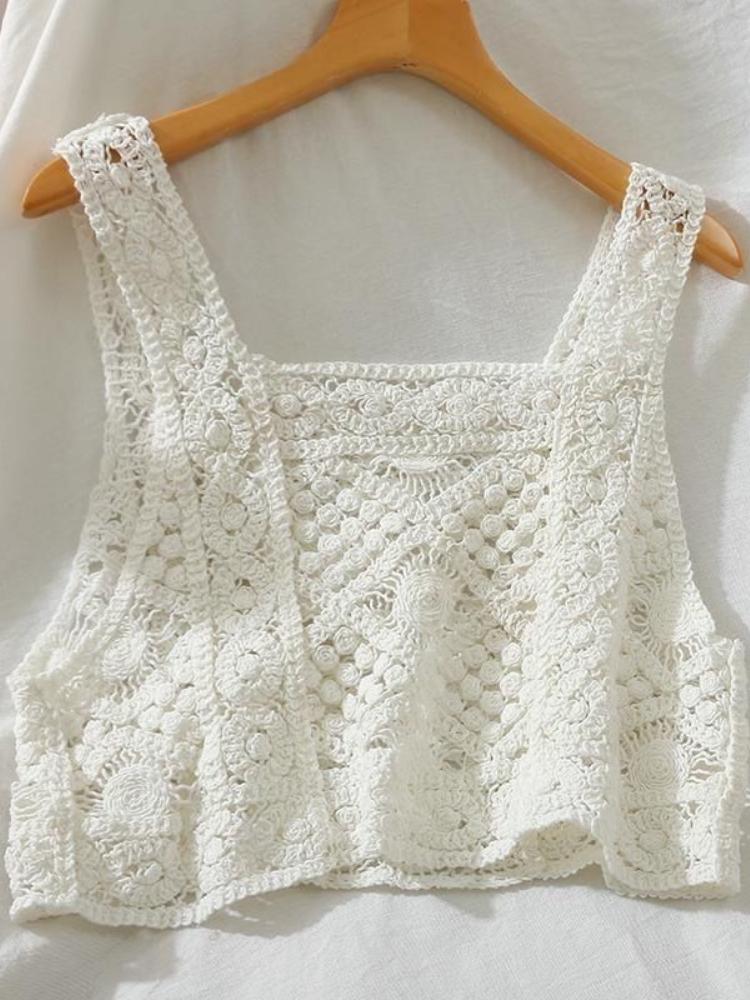 Cotton Embroidered Sleeveless Button Hollow Vest-Veeddydropshipping
