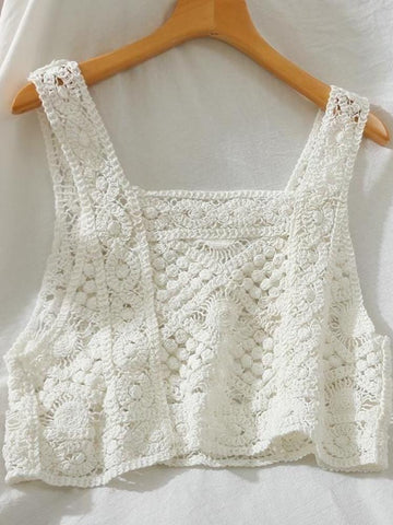 Cotton Embroidered Sleeveless Button Hollow Vest-Veeddydropshipping