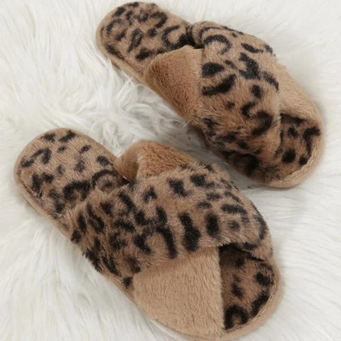 Leopard Print Faux Fur Fashion Warm Shoes Woman Slip on Flats-BS01129-Veeddydropshipping