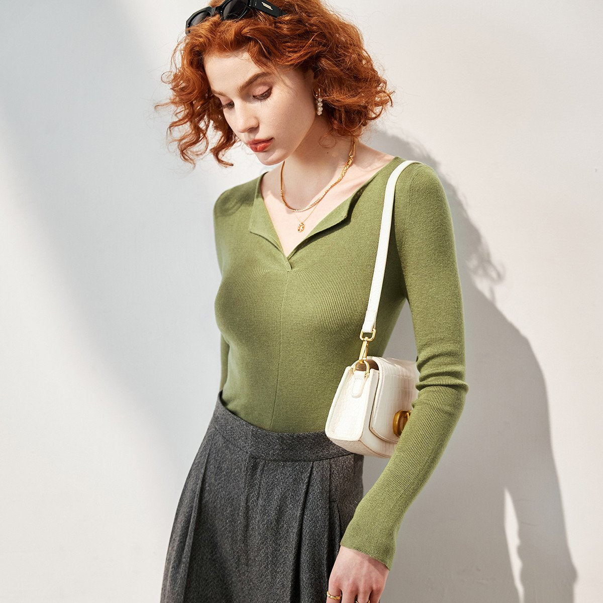 V-neck Women Undershirt Pullover Long Sleeve Casual Knitted Sweater-WF00073-Veeddydropshipping
