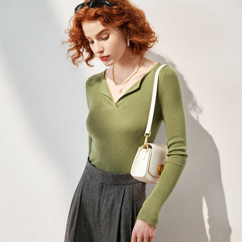 V-neck Women Undershirt Pullover Long Sleeve Casual Knitted Sweater-WF00073-Veeddydropshipping
