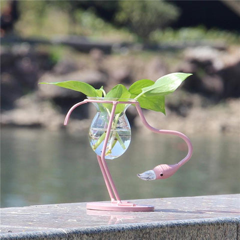 Flamingo Hydroponic Vase Iron Glass Container-HA01823-Veeddydropshipping