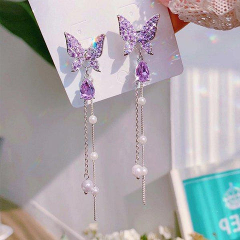 Korean Long Tassel Butterfly Drop Earrings Elegant Pearl -JW01456-Veeddydropshipping