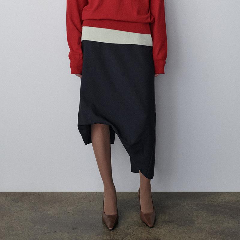 Wool Mohair Solid Color Irregular Midi Skirt-WF00404-Veeddydropshipping