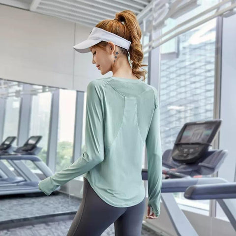 Women Athletic Sports Shirts Long Sleeve Mesh Spliced Workout Clothes Thumb -OS00819-Veeddydropshipping