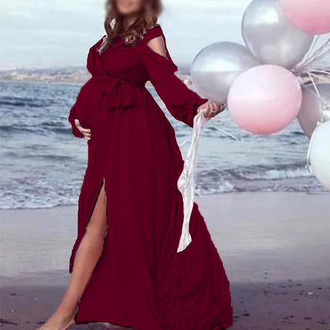 Sexy Split Front Maternity Photoshoot Dress Long Deep V neck Pregnant-TB00621-Veeddydropshipping