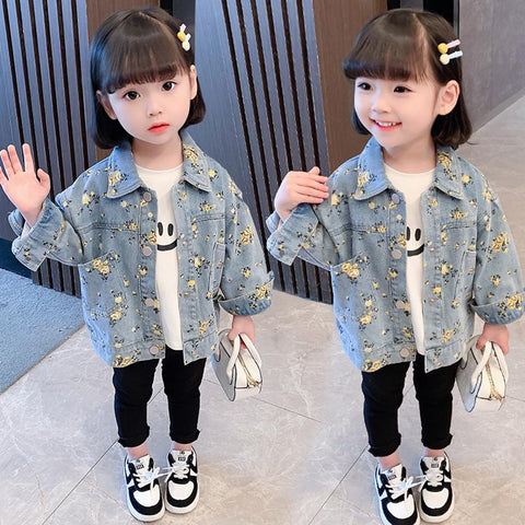 Girls Denim Jacket Outerwear Floral Pattern Coats-Veeddydropshipping