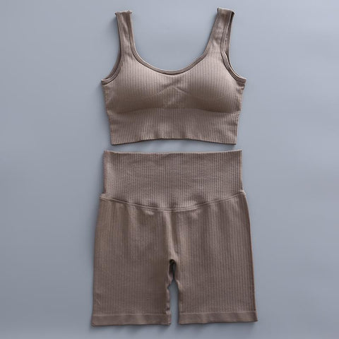 2 Piece Yoga Set Gym Clothing Women&#39;s Threaded Tracksuit Crop Top Bra High -OS00630-Veeddydropshipping