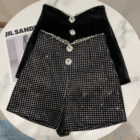 Diamond Button High Waist Casual Velvet Shorts-WF00440-Veeddydropshipping