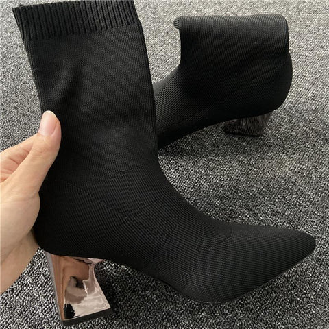High Heels White Ankle Boots Stripper Low Block Heel-BS01023-Veeddydropshipping
