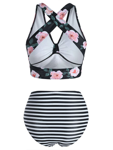 Floral Striped Bikini Set Women Knot Crisscross Tankini Swimwear High-Waisted -OS00299-Veeddydropshipping