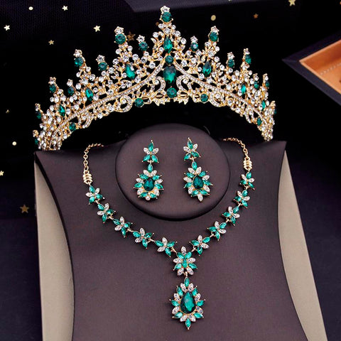 Luxury Crystal Crown Jewelry Sets Bridal Necklace Earring Set  -JW00294-Veeddydropshipping