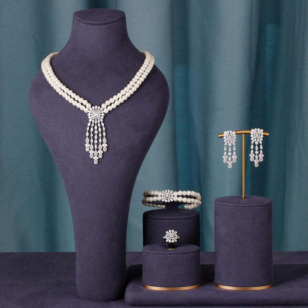 New Trendy Double Row Pearl Tassel Earring Jewelry Set  -JW00390-Veeddydropshipping