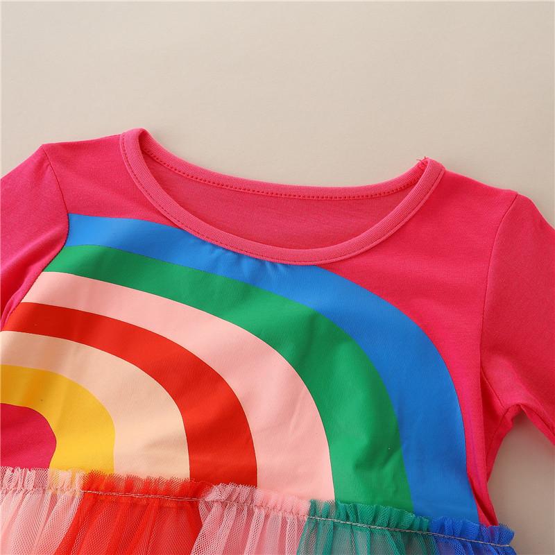 Fall Children Girls Cotton Princess Dress Rainbow Print-Veeddydropshipping